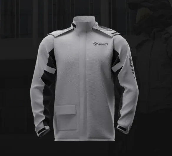 Motorcycle two-piece rain suit in black, including raincoat, rain pants, hidden shoe covers, and storage bag
