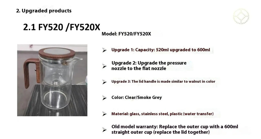 Glass teapot with wooden handle showing magnetic separation mechanism for loose leaf tea brewing