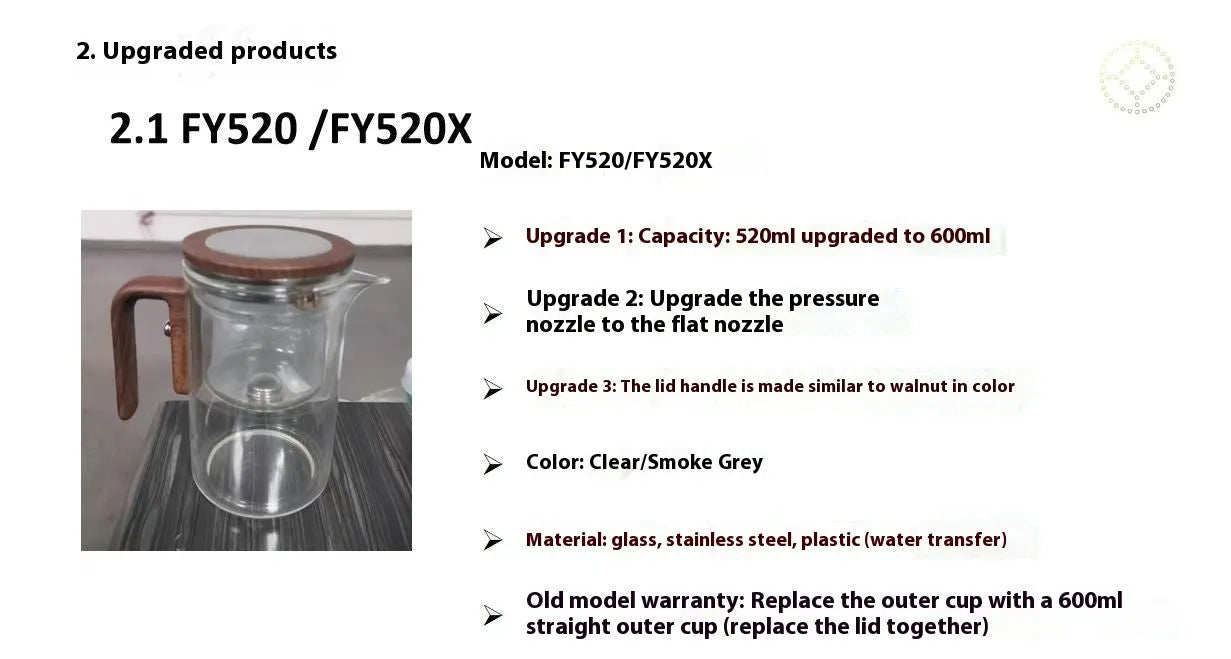 Glass teapot with wooden handle showing magnetic separation mechanism for loose leaf tea brewing