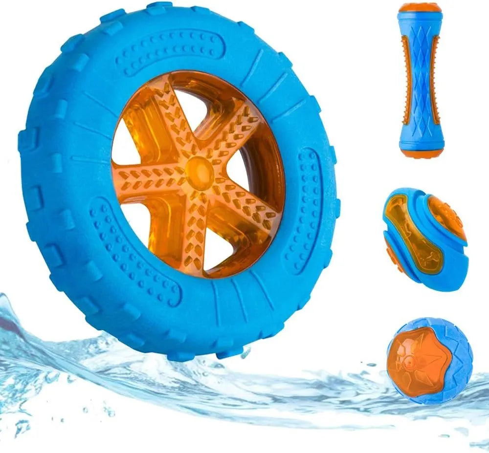 Set of four floating TPR dog toys: a ball, a barbell, and two tires with bumpy textures.