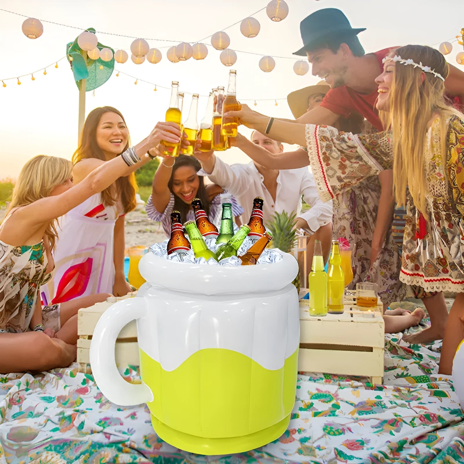 Yellow inflatable PVC ice bucket with beer steins design for outdoor parties and events
