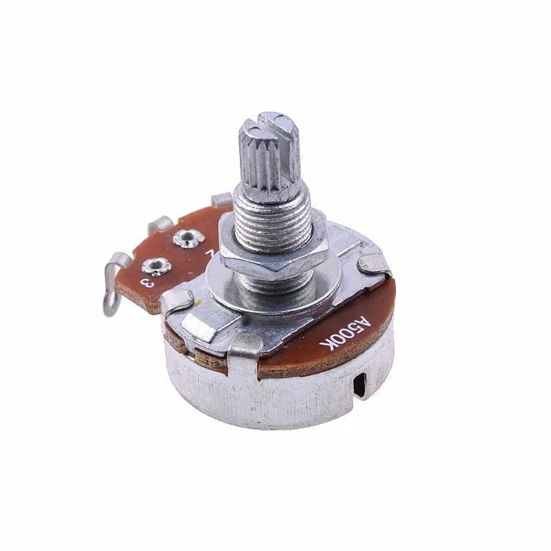 A single metal potentiometer knob for electric guitar, labelled with options A500K Tone, B500K Volume, A250K Tone, B250K Volume.