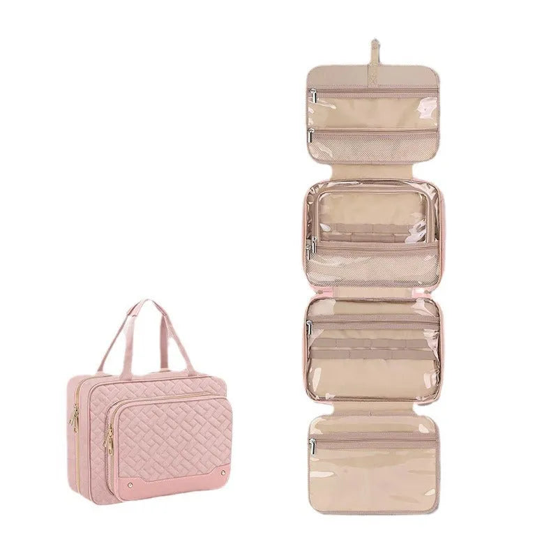 Pink and black waterproof hanging cosmetic storage bag with dimensions 30.5cm by 11cm by 22.9cm