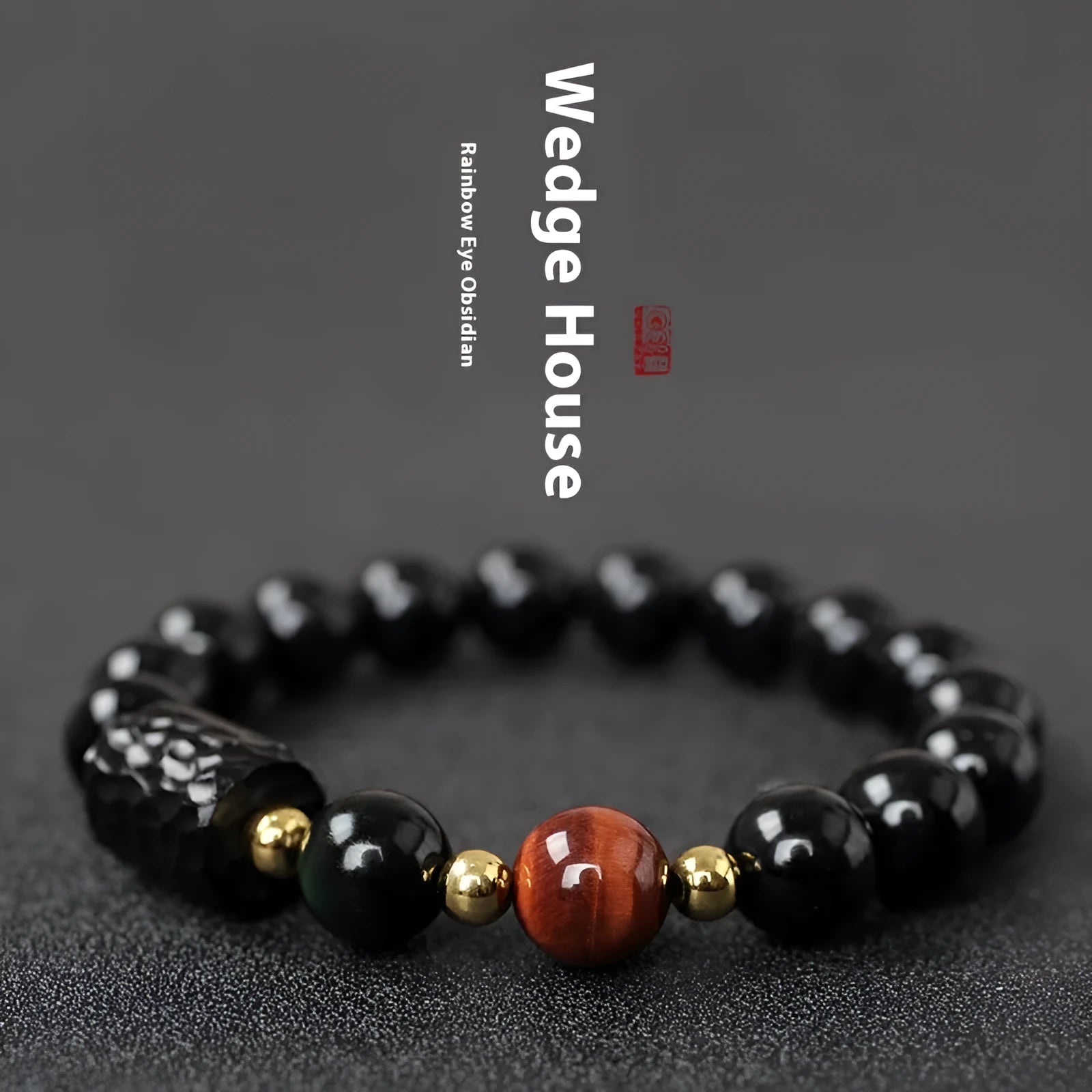Obsidian bracelet with tiger eye beads in manual craftsmanship 10mm retro circle design