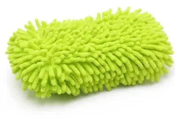 Silvery green chenille microfibre car wash sponge showing textured surface, with dimensions 14cm by 25cm.