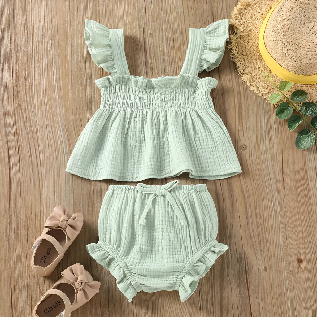 Girls' solid colour cotton sling top and hot pants two-piece suit in green, pullover style for toddlers