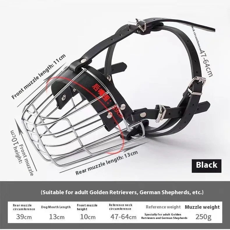 Black metal basket muzzle for large breed dogs, specifically for Golden Retrievers and German Shepherds.