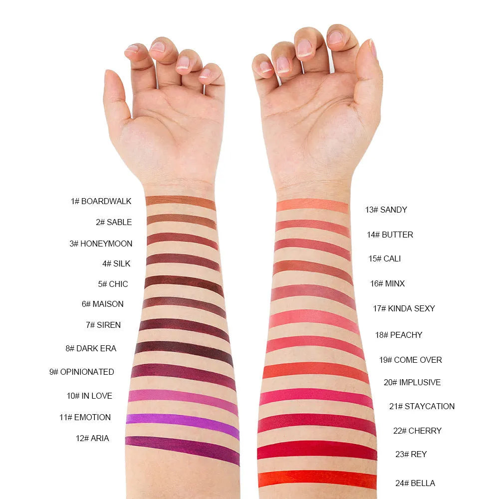 Matte finish lipstick bullet in one of 24 colours, showcasing waterproof and nonstick cup properties.
