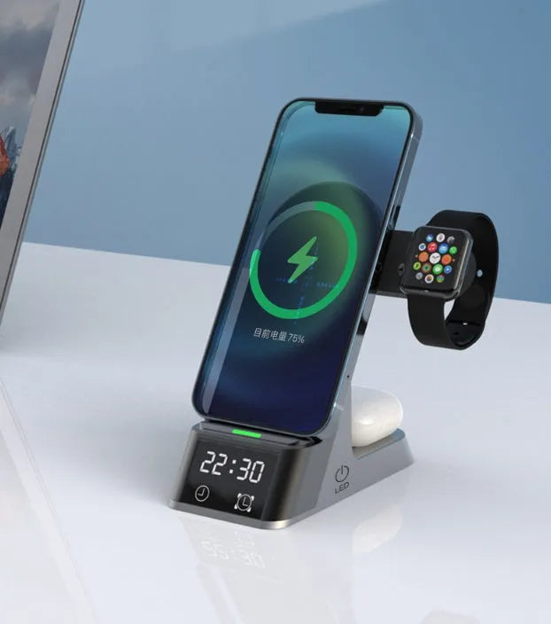 Black multifunctional wireless charging alarm clock with digital display and multiple charging ports.