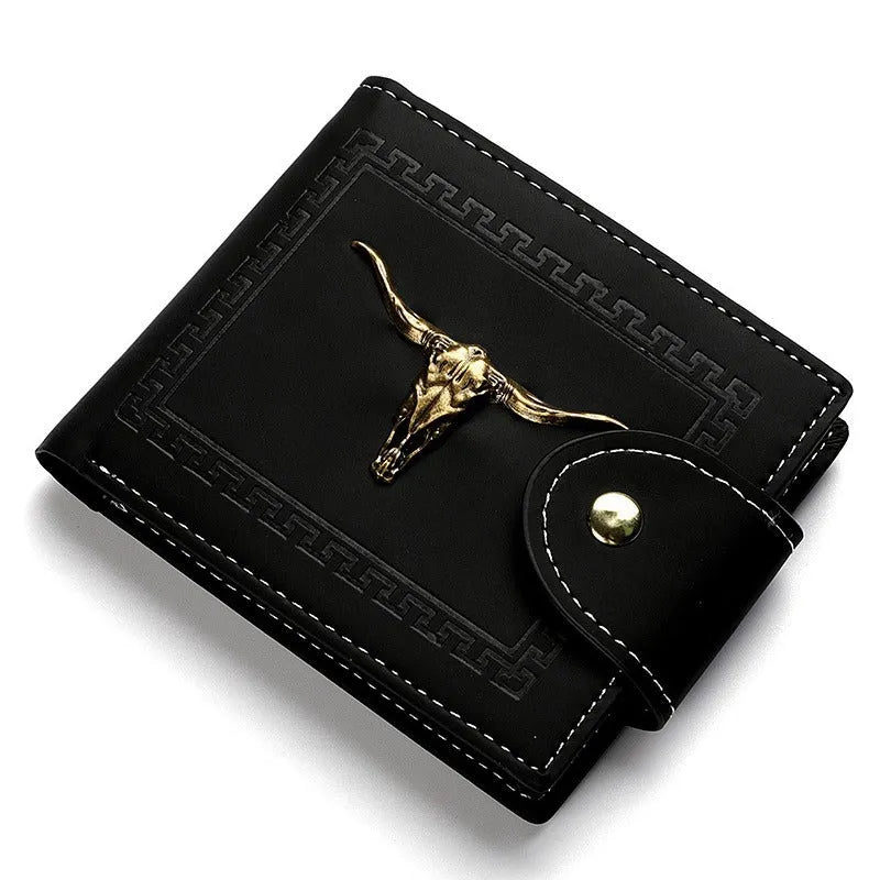 Black men's wallet with animal print pattern showing multiple card slots and zipper closure