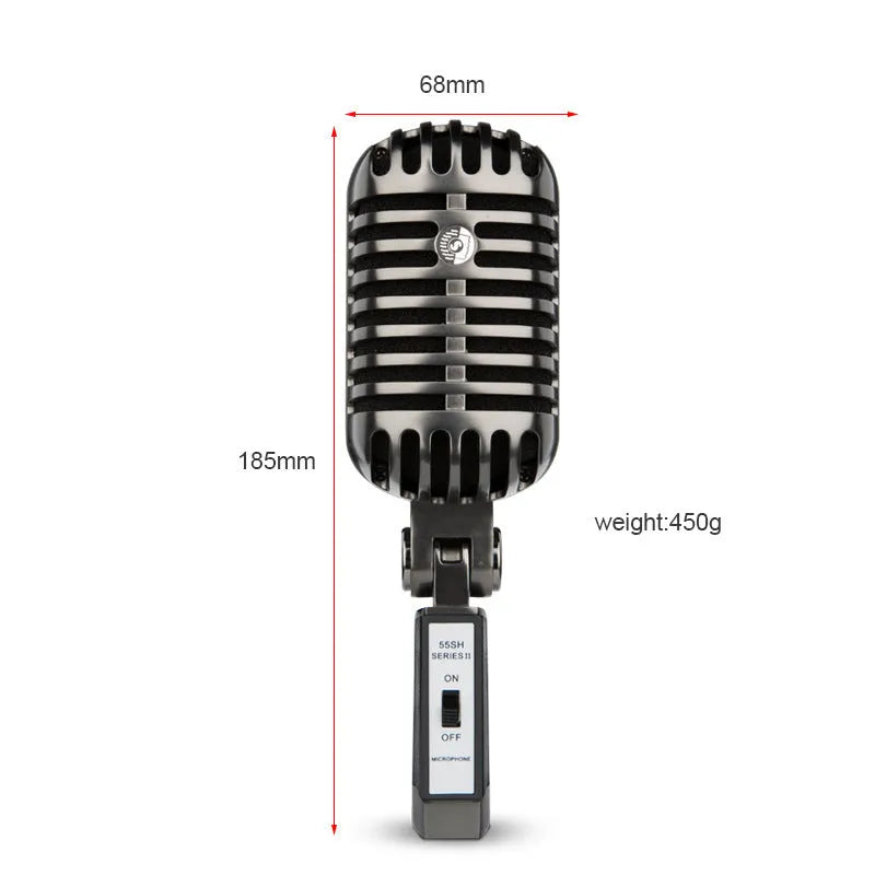 Retro-style condenser microphone with cardioid pickup pattern for K Song and recording, shown with included cable.