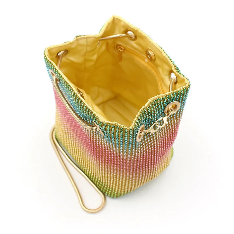 Rainbow rhinestone bucket bag with sparkling fabric and casual shoulder strap
