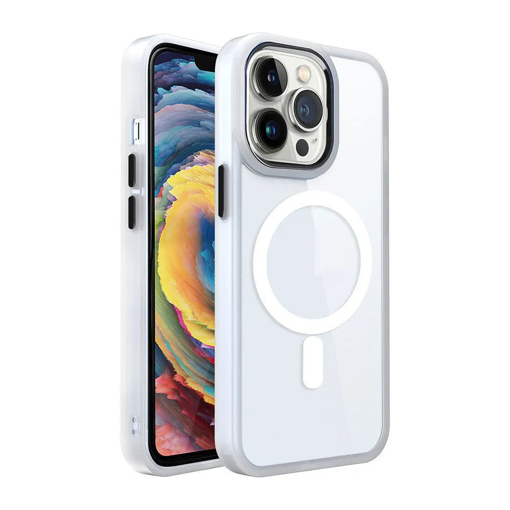 Transparent silicone magnetic phone case for iPhone on a table, showing MagSafe ring and colour options.