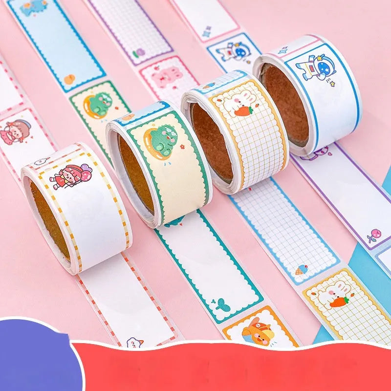 Roll of colourful cartoon name tape stickers showing dinosaur, astronaut, rabbit and girl designs