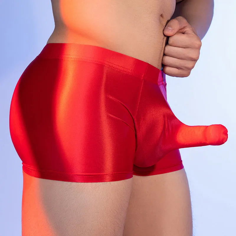 Men's grey boxer shorts with elephant nose design, made from thin nylon fabric.