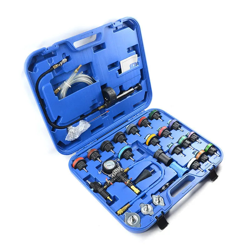 Blue 28-piece automotive cooling system pressure tester kit with gauge and adapters