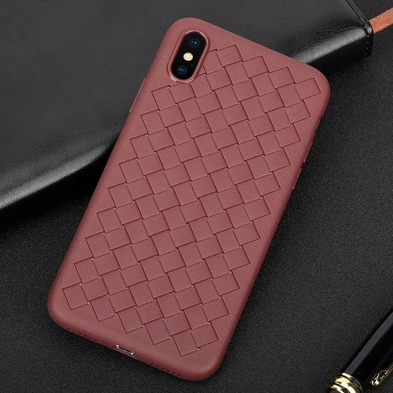 Luxury grid weaving iPhone case in eco-friendly TPU showing weaving pattern and precise port cutouts