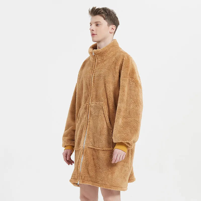 Men's camel polar fleece zipper cardigan nightgown with long sleeves and round neck on a plain background