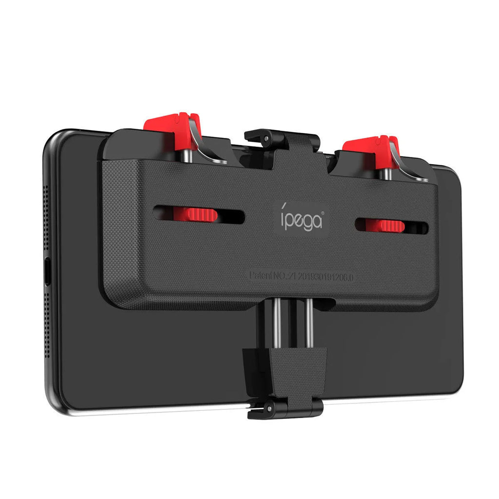 Black PG-9137 mobile phone gaming trigger stand with adjustable metal trigger and telescopic phone clip.