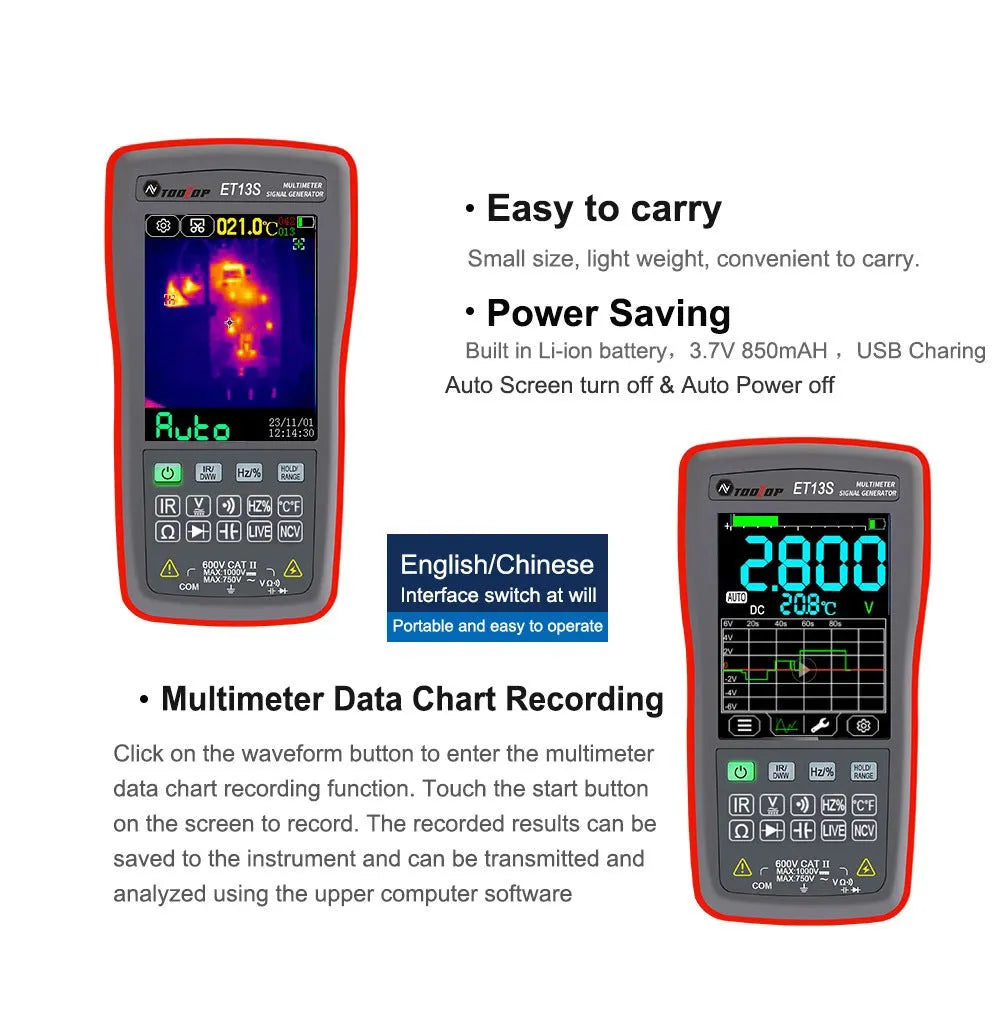 ET13S thermal imaging multimeter showing infrared display and electrical measurement functions on 2.8 inch touchscreen
