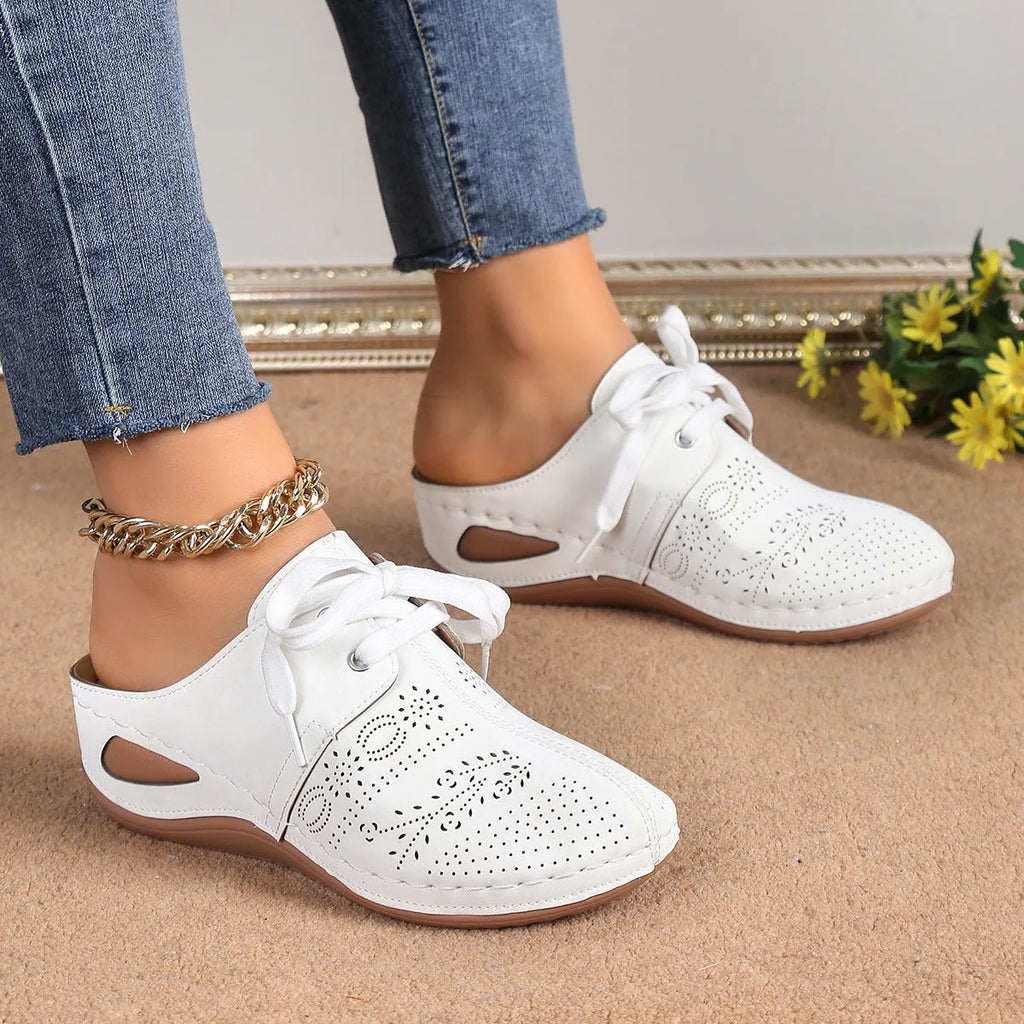 Women's baotou lace-up slippers with hollow out wedges in suede upper and rubber sole