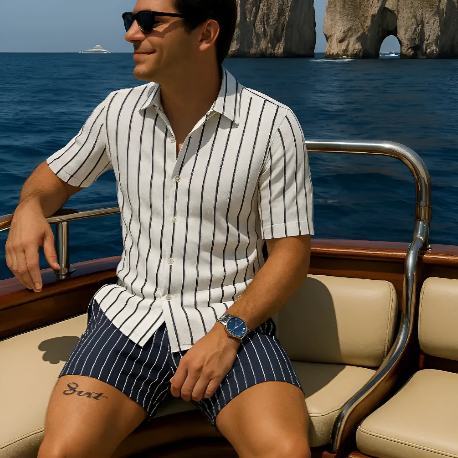 Man wearing a light mature style casual shirt and shorts beach set in a picture colour.