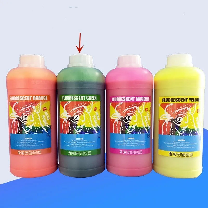 Bottle of fluorescent red pigment ink for PET film sublimation and screen printing.