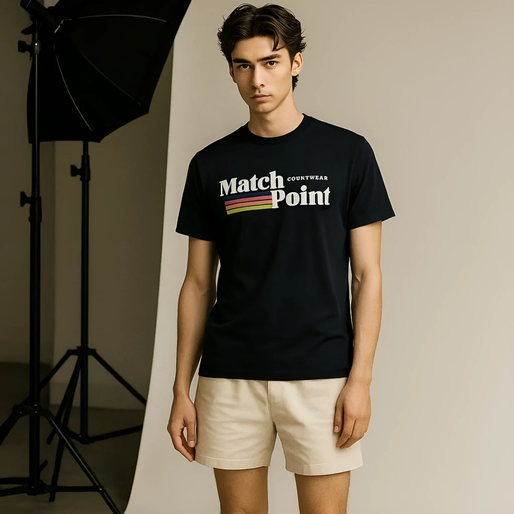 Black men's T-shirt with a 3D printed text design, short sleeves, and a round neck.