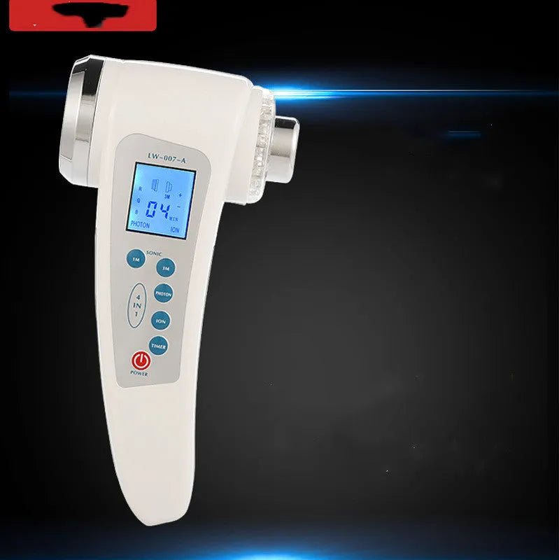 White ultrasonic beauty instrument with two stainless steel heads and ABS handle, 165mm height, 195g weight