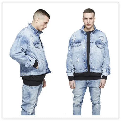 Light blue loose fit cotton men's coat with batwing sleeves and patch pockets