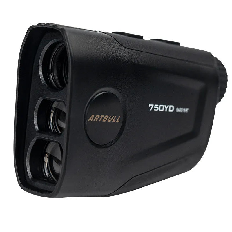 Golf laser rangefinder device showing LCD display with distance measurement and Type-C charging port