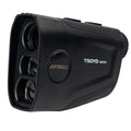 Golf laser rangefinder device showing LCD display with distance measurement and Type-C charging port
