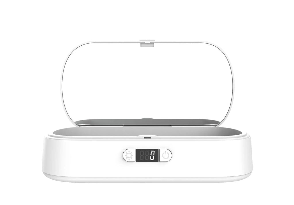 White portable UV steriliser box with wireless charging and aromatherapy function for phones and jewellery