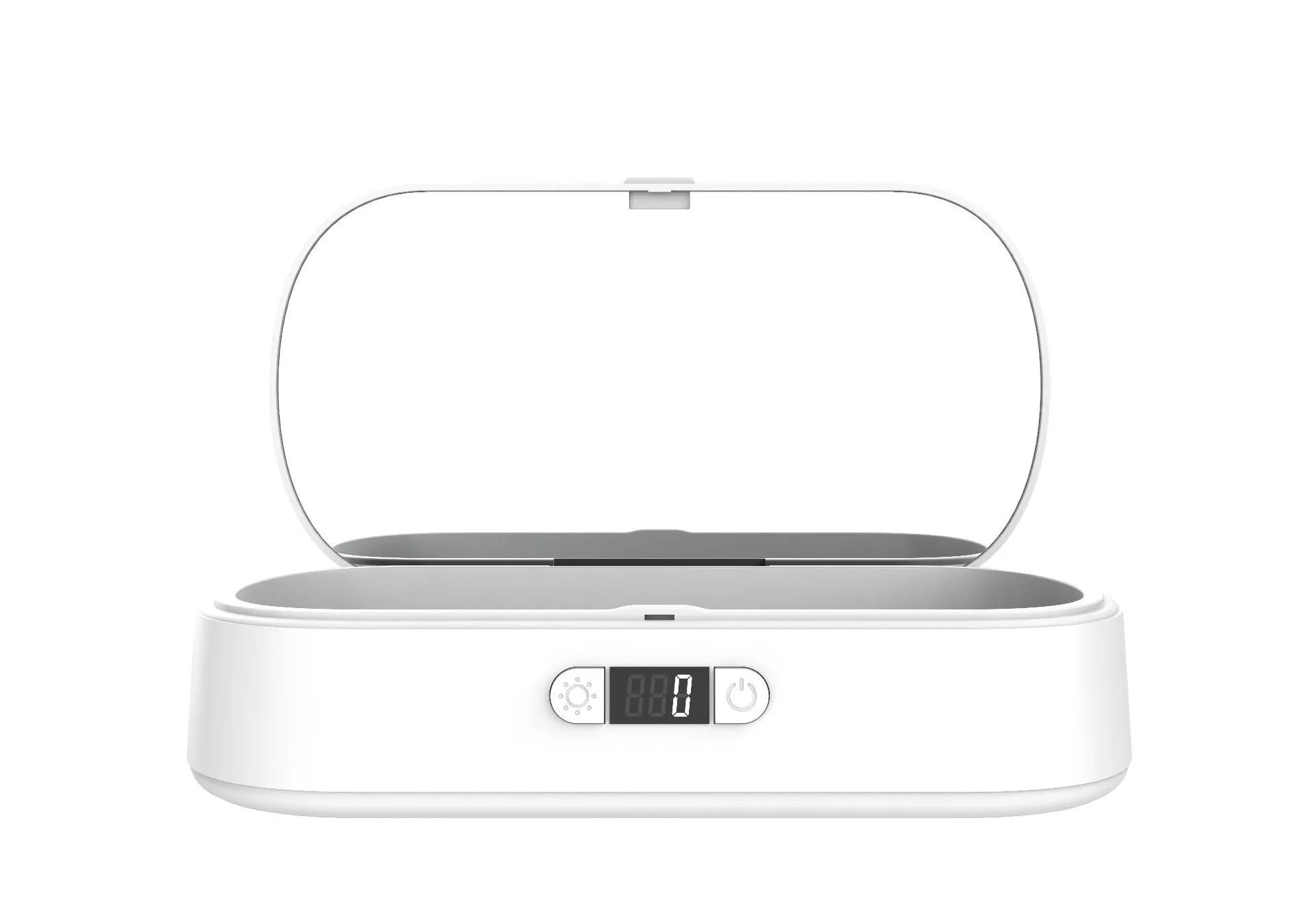White portable UV steriliser box with wireless charging and aromatherapy function for phones and jewellery
