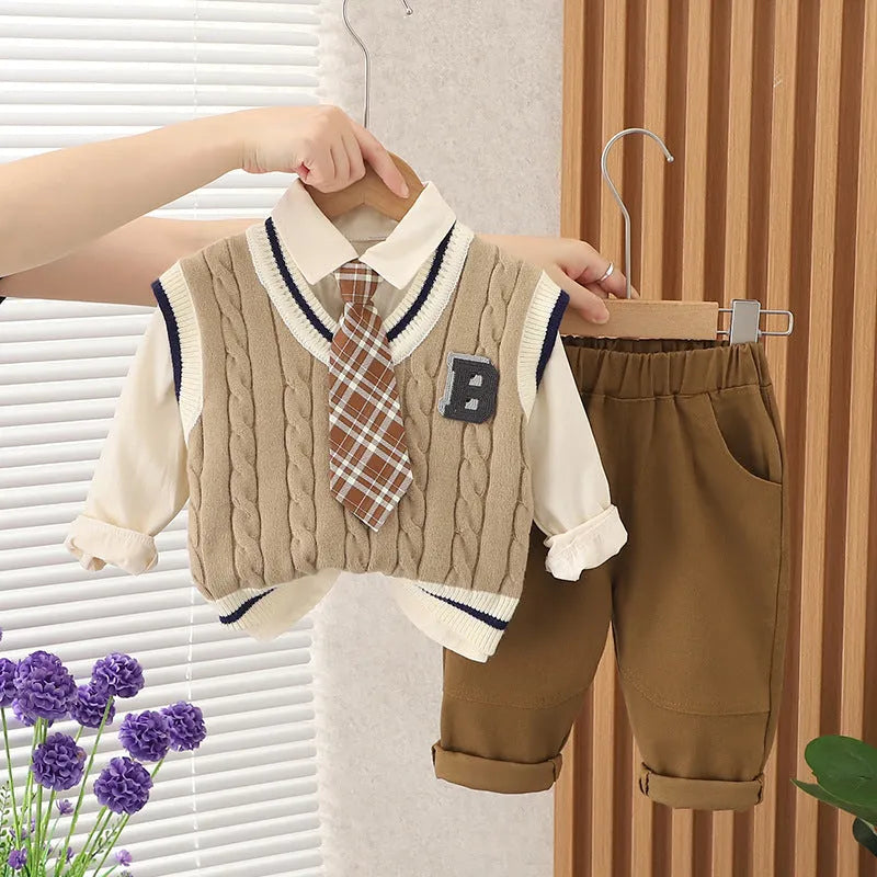 Boys autumn cotton three-piece suit set with vest tie in beige