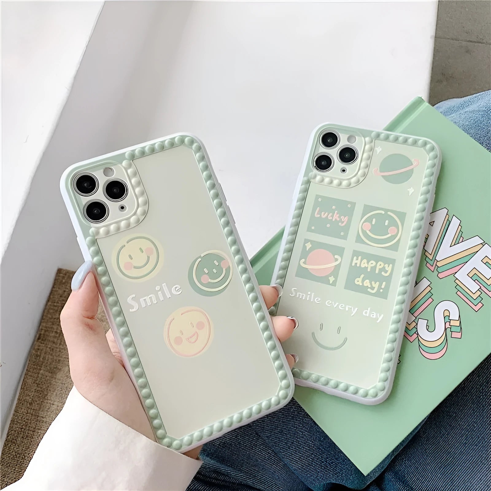 Green iPhone case with smiley face and polka dot geometric design on a soft rubber TPU back cover.