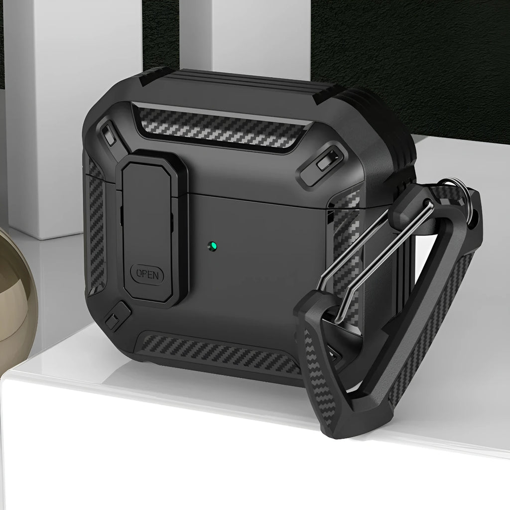 Two-tone clamshell protective case for Apple AirPods with a metal hook attached, shown in Black and Yellow colour combination.