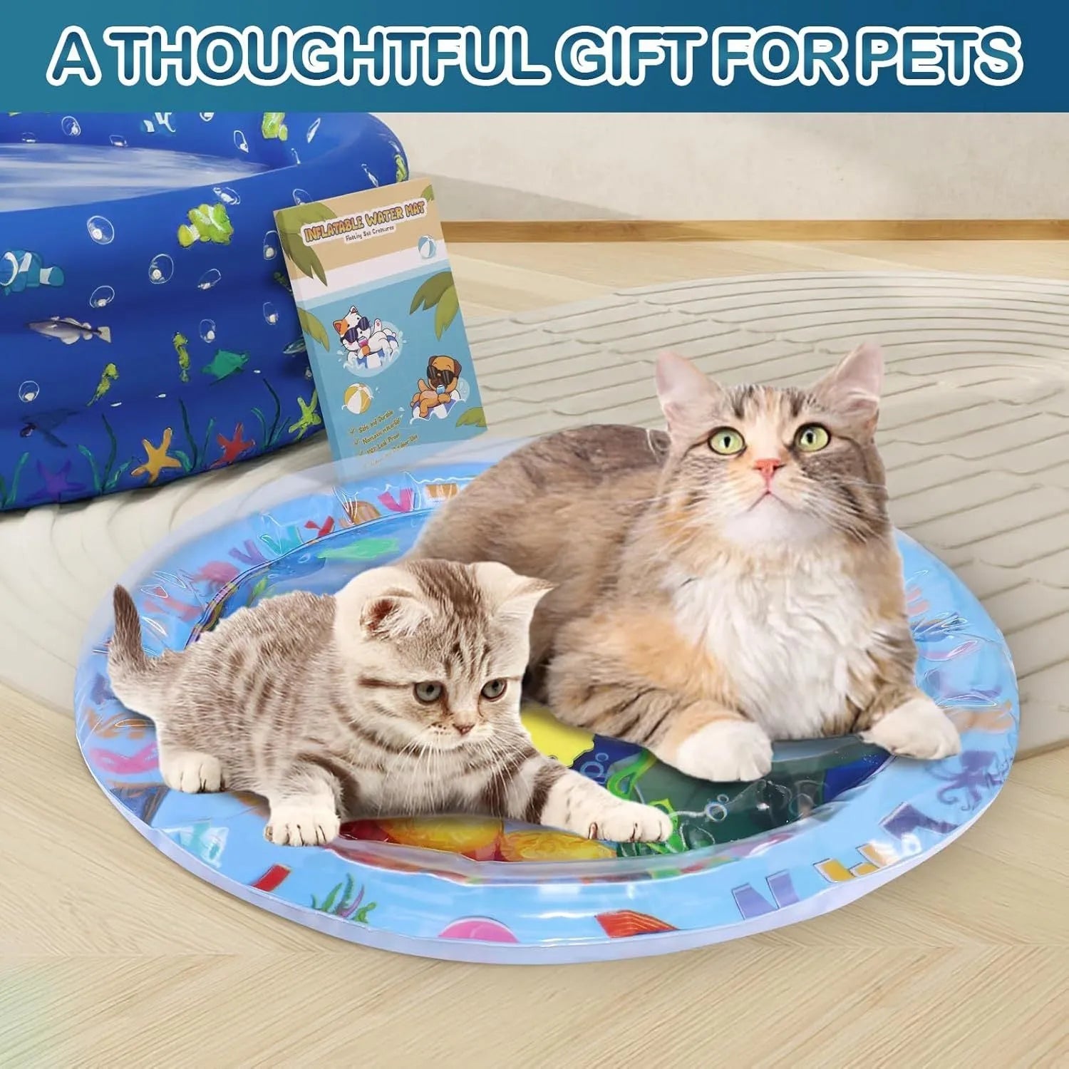 Thickened blue PVC water playmat for cats with ocean fish design and floating toys inside.