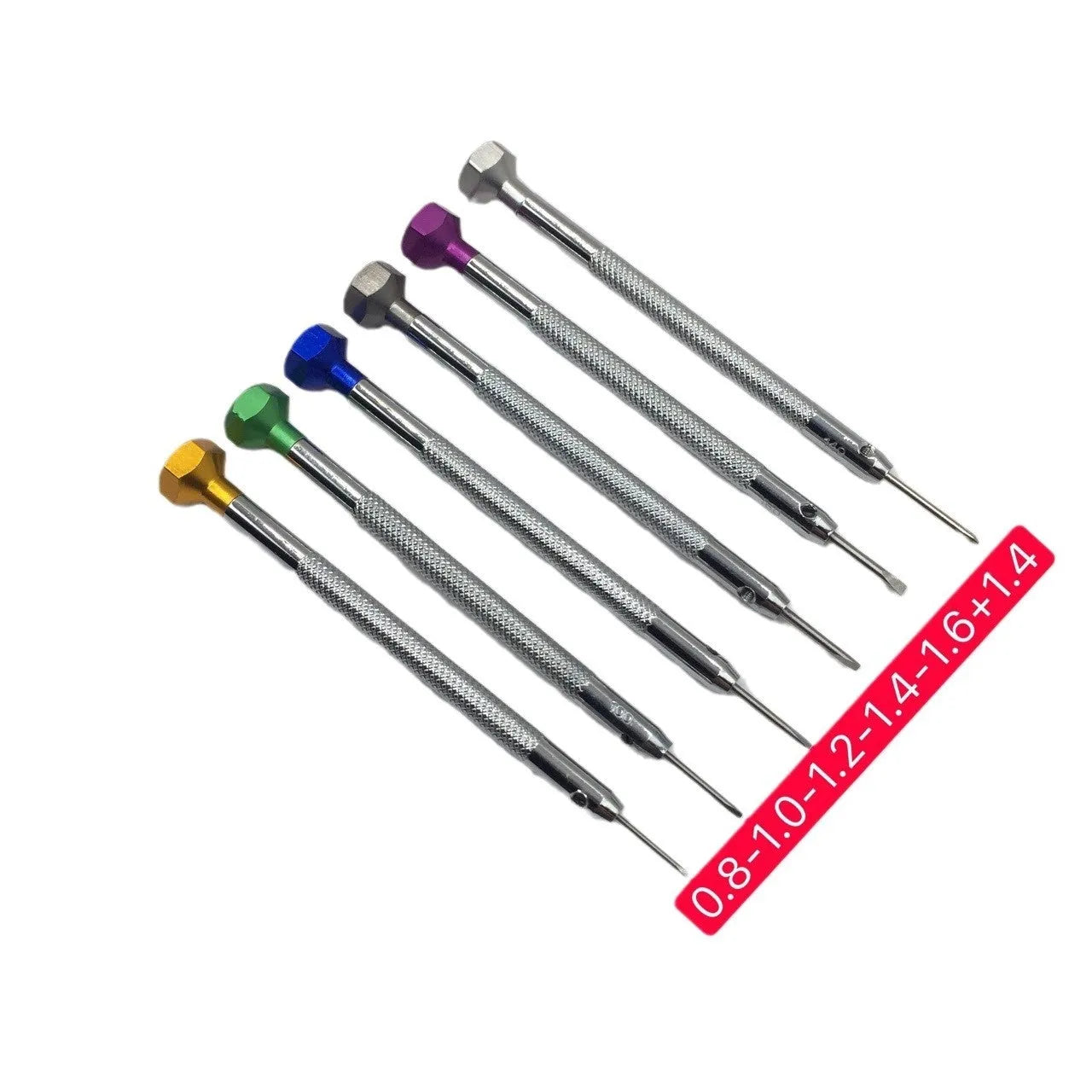 Six colour-coded watch repair screwdrivers with aluminium handles arranged in a set.