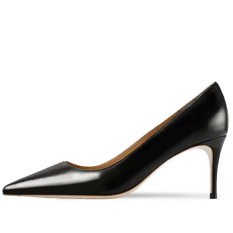 Women's black pointed toe slip-on high heels with a French mouth design on a white background.