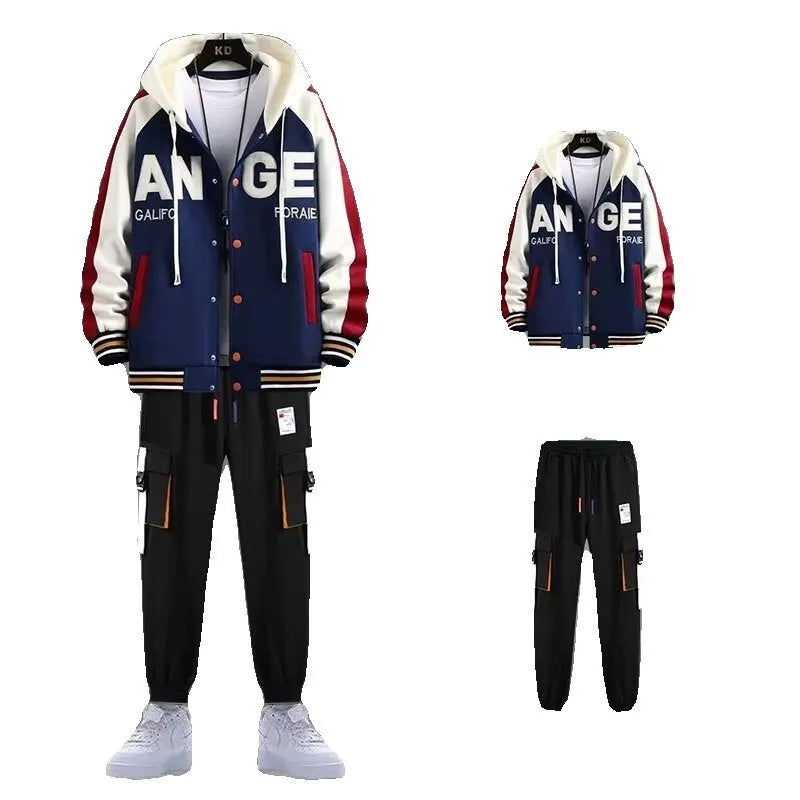Youth hooded sweater jacket sports suit with trousers, black colour, polyester blend fabric for spring autumn leisure