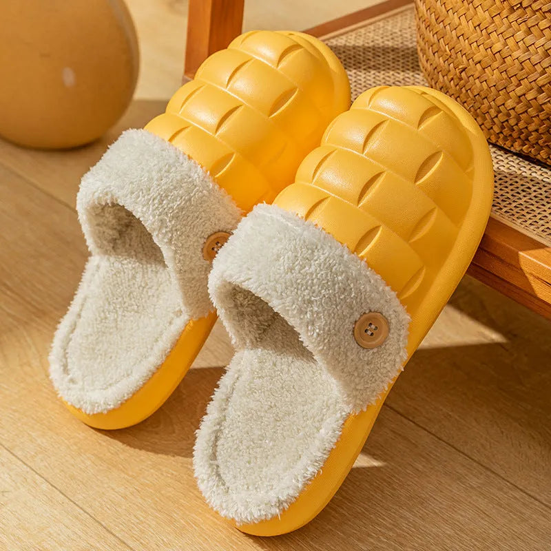 Plaid detachable EVA house slippers with plush lining, shown in multiple colours on a white background.