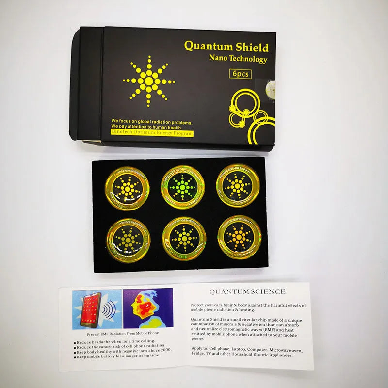 Pack of six gold and silver anti-radiation mobile phone stickers on a white background.