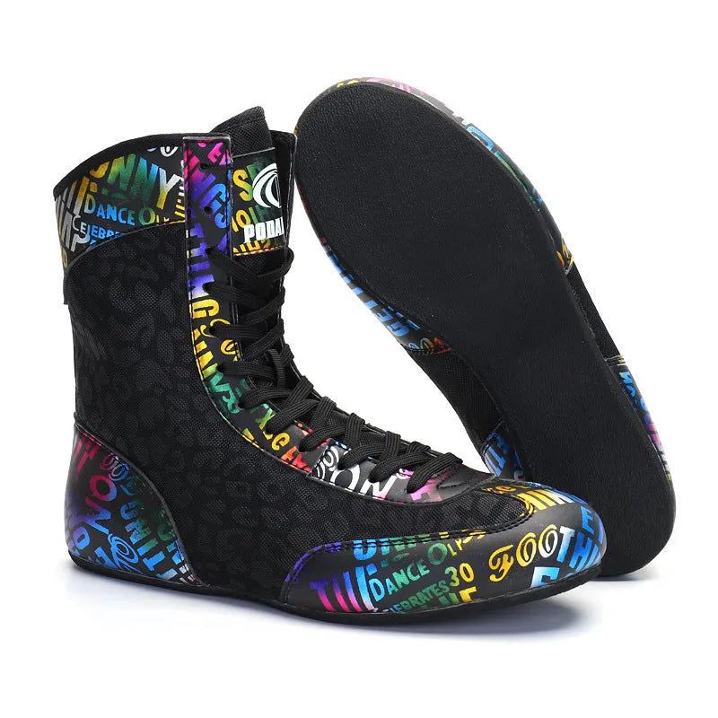 Unisex high-top mixed combat training shoes with mesh and leather upper in black gold colour.