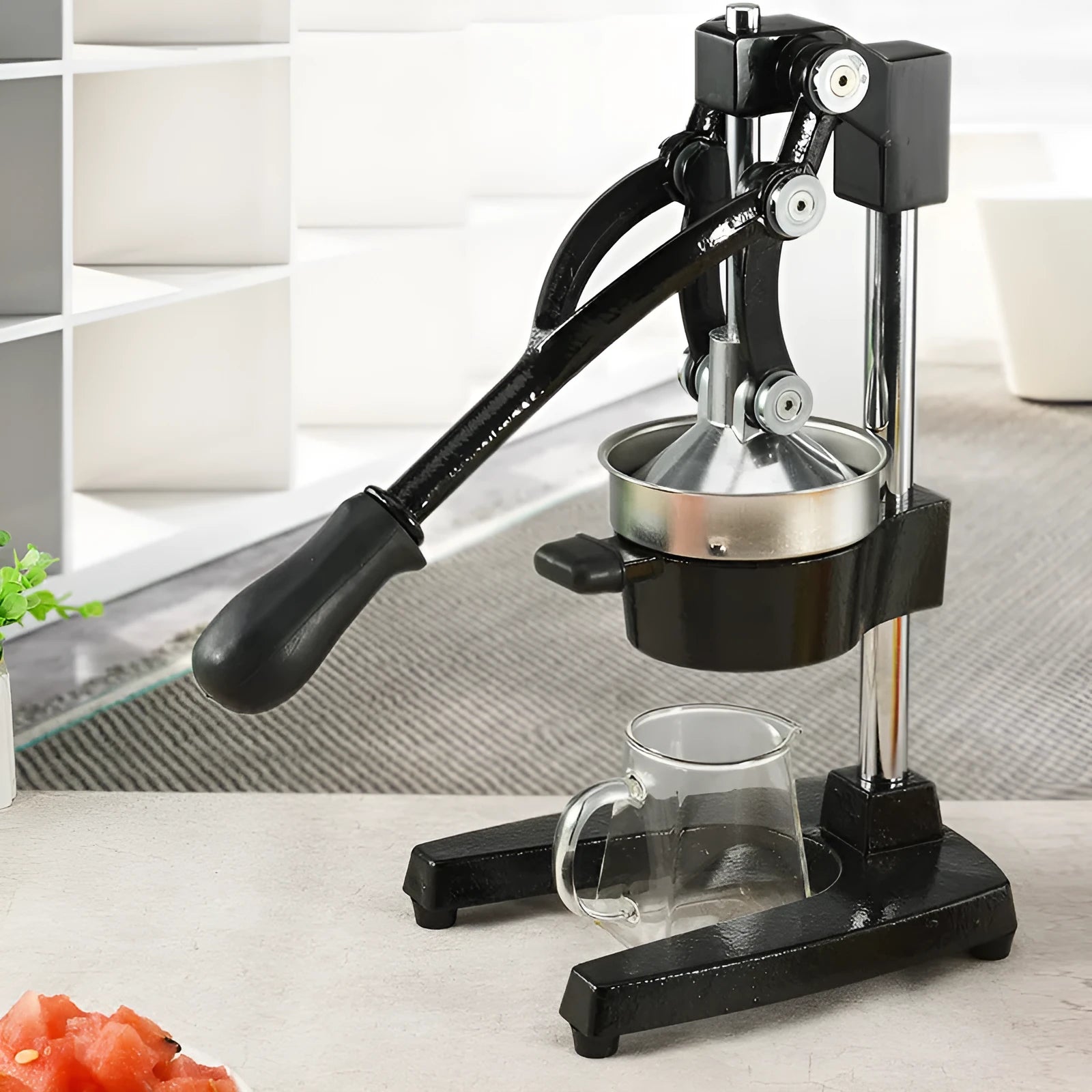 Cast iron manual citrus juicer with stainless steel strainer in black colour option