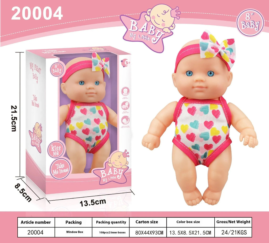 21.5 cm tall simulation baby vinyl doll figurine on display.