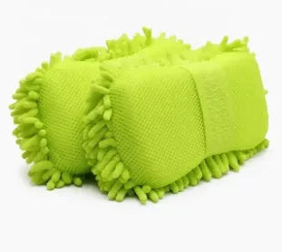 Silvery green chenille microfibre car wash sponge showing textured surface, with dimensions 14cm by 25cm.