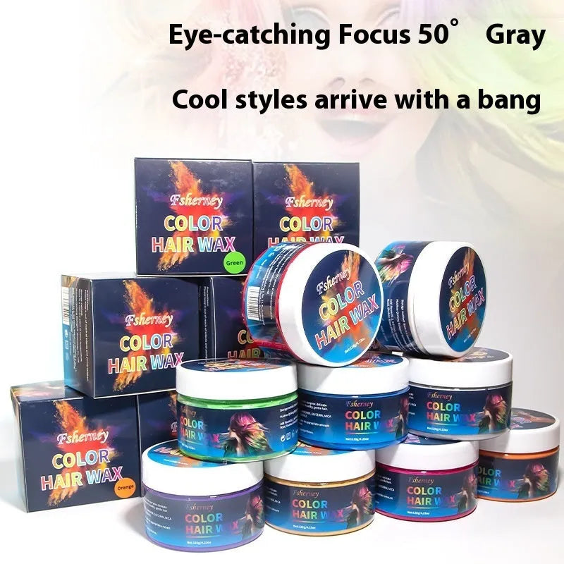 120g hair styling clay pot in one of nine colours: white, orange, red, yellow, blue, green, purple, rose red, or granny grey.