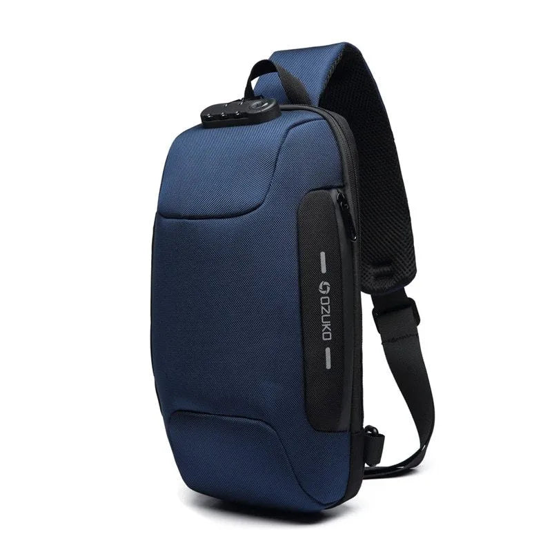Multifunctional anti-theft waterproof shoulder bag in Oxford cloth, square section shape, available in multiple colours including black and dark blue.