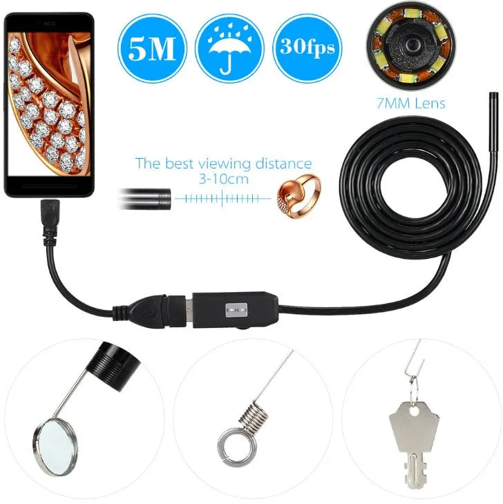 OWSOO USB endoscope with 7mm camera, 5m cable, hook, magnet, and side mirror for phone and PC inspections